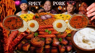 🥰Village Cooking & Eating with my two Sons 🔥 Spicy Pork, Noodles, Yellow Rice, Sausage and Omlet🥵