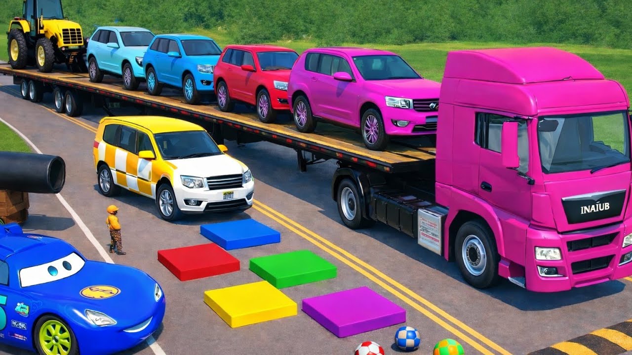 Flatbed Trailer Mcqueen Transportation with Truck | Cars vs Speedbumps vs Train | BeamNG.Drive #05