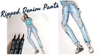 How to draw Ripped Denim Pants | Fabric Rendering | Fashion Illustration