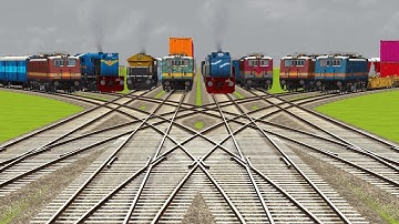 8 TRAINS CROSSING ON CURVE BRANCHED FORKED RAILROAD TRACKS | Indian Railway Train Simulator