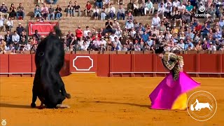 Paco Lama de Góngora, first bull, pass by José Ruiz Muñoz, April Fair, Seville 07-04-2024