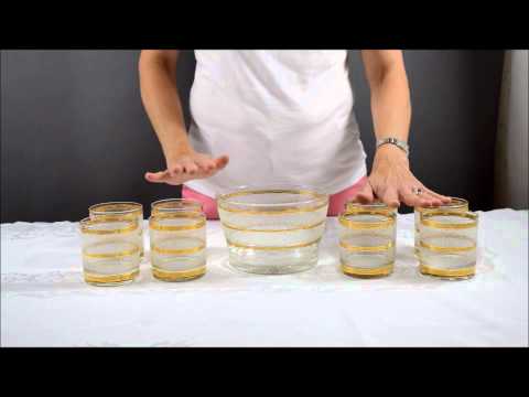 Mid Century Modern Crystal Ice Bucket with Gold Trim and 8 High Ball glasses