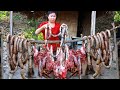 Woman making pork sausage for dogs and monkey | Grilled pork head for dogs eating | Survival Skills