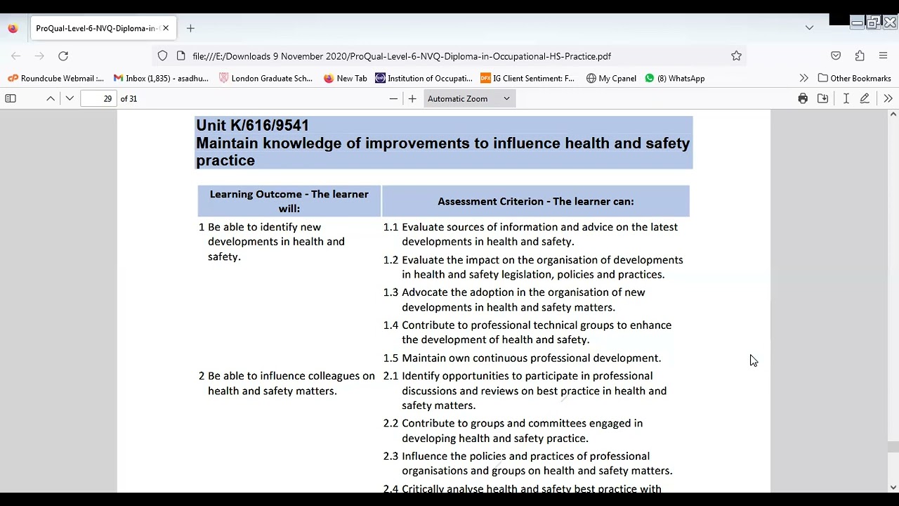 Unit 10 Coursework Discussion | ProQual NVQ Level 6 Diploma in Occupational Health & Safety Practice