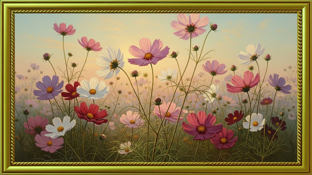 Vintage Cosmos Wildflowers in Bloom | Timeless Oil Painting Art
