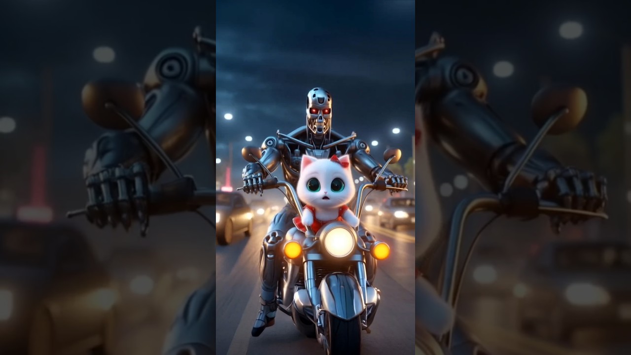 Terminator robot comes from future for cute kitten of cat 