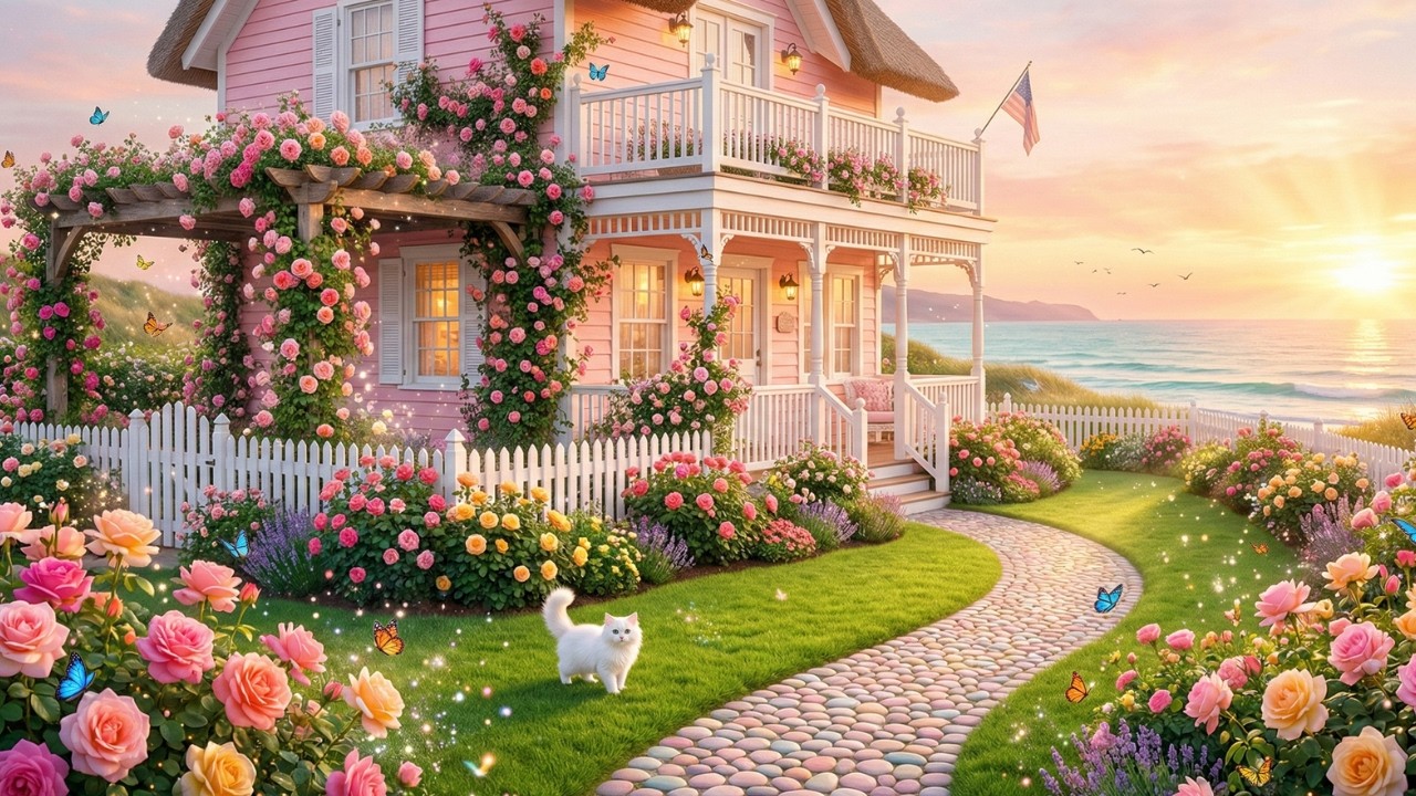 Magical Seaside Cottage Sunset | Cozy Roses, Calm Ocean Waves & Birdsong (ASMR Nature Relaxation)
