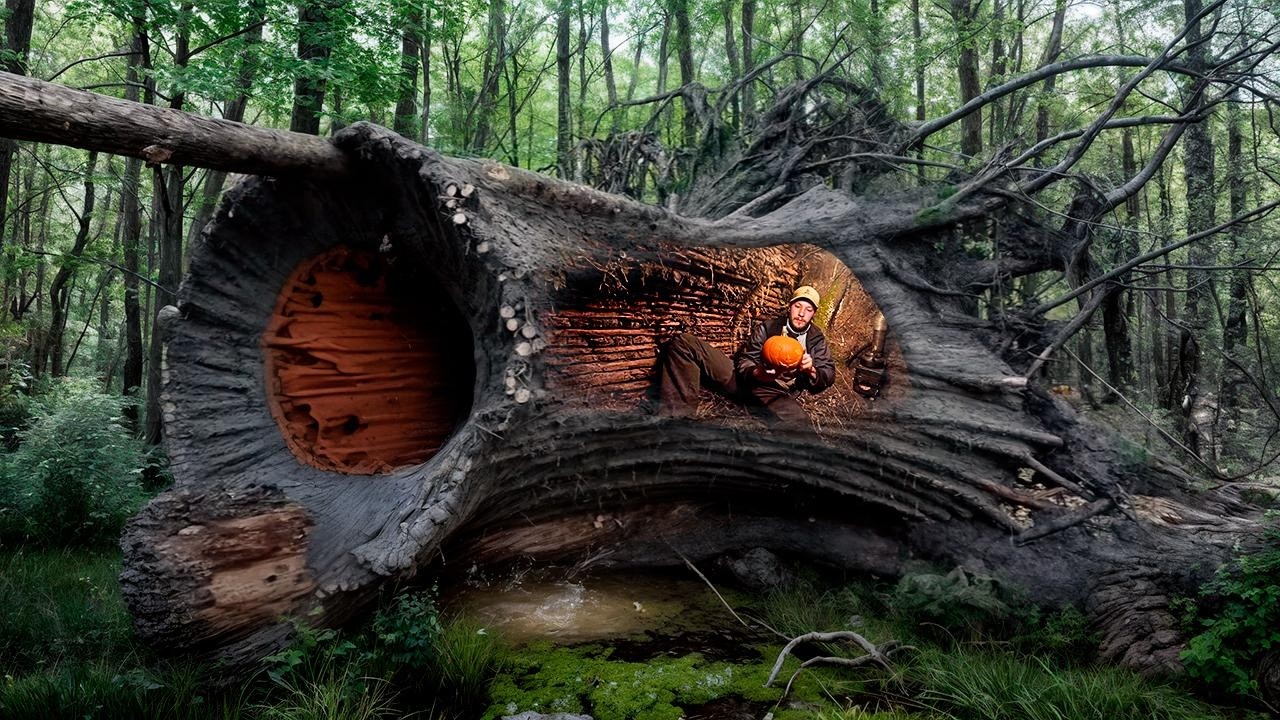 Building a Secret Shelter in the deep Hollow. Hidden Cave. Bushcraft, Survival
