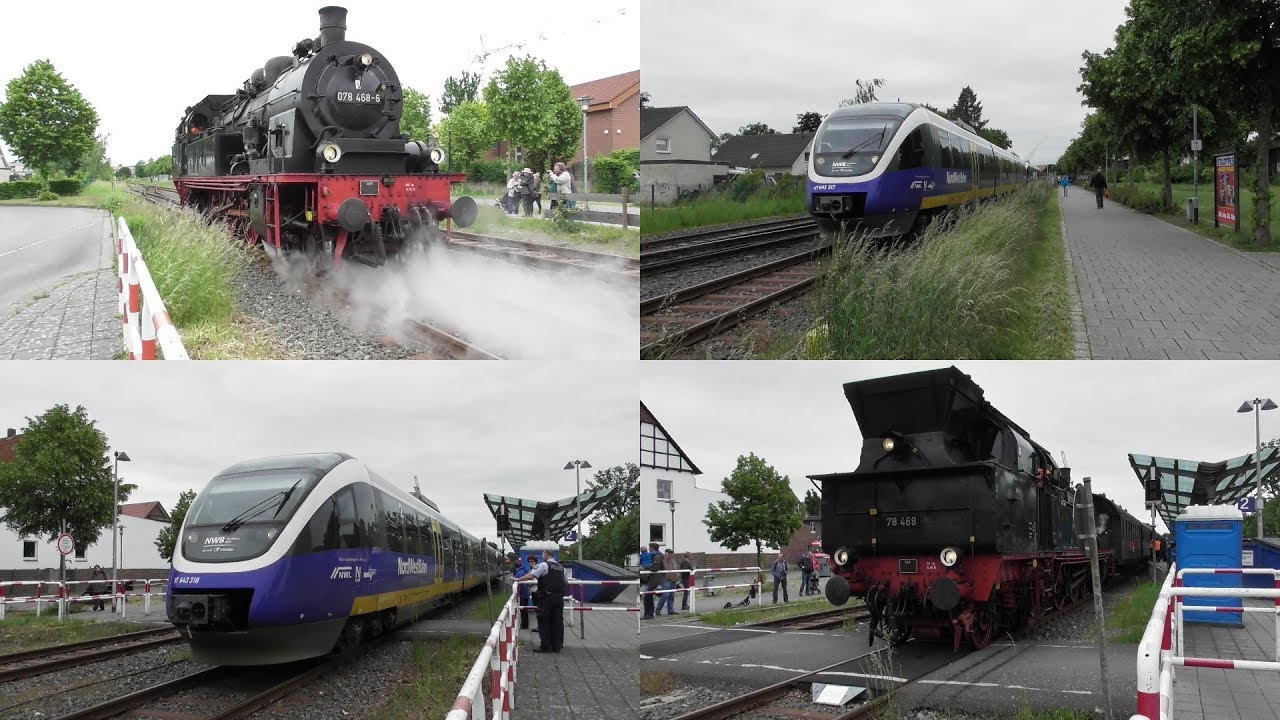 Bahnverkehr im Bahnhof Halle(Westf) mit Dampfzug und Talent+Makros