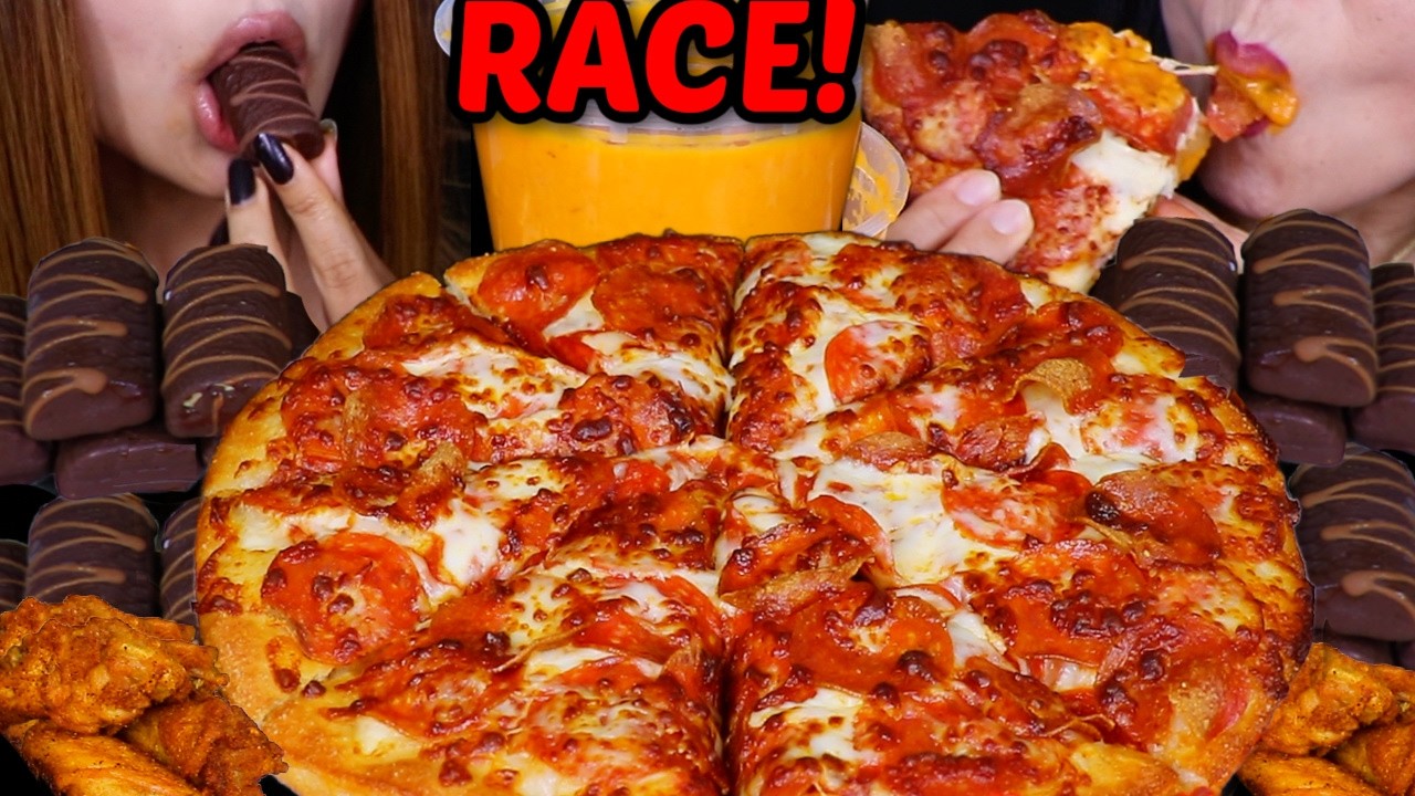 ASMR RACE! BUTTER CHICKEN CHEESY PEPPERONI PIZZA & MINI DOVE ICE CREAM BARS 먹방
