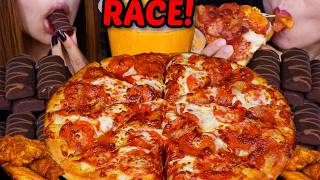 ASMR RACE! BUTTER CHICKEN CHEESY PEPPERONI PIZZA & MINI DOVE ICE CREAM BARS 먹방