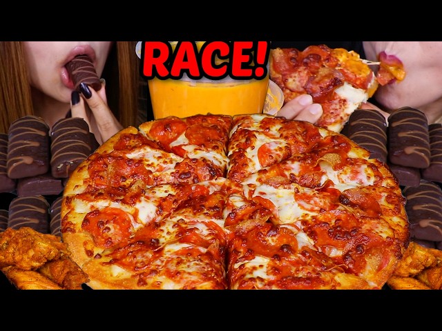 ASMR RACE! BUTTER CHICKEN CHEESY PEPPERONI PIZZA & MINI DOVE ICE CREAM BARS 먹방
