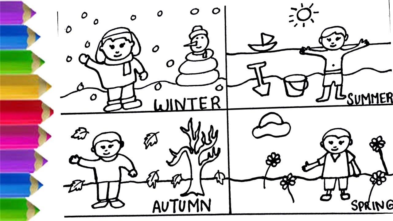 Draw and color drawing of 4 seasons #winter,#summer #fall #spring for ...