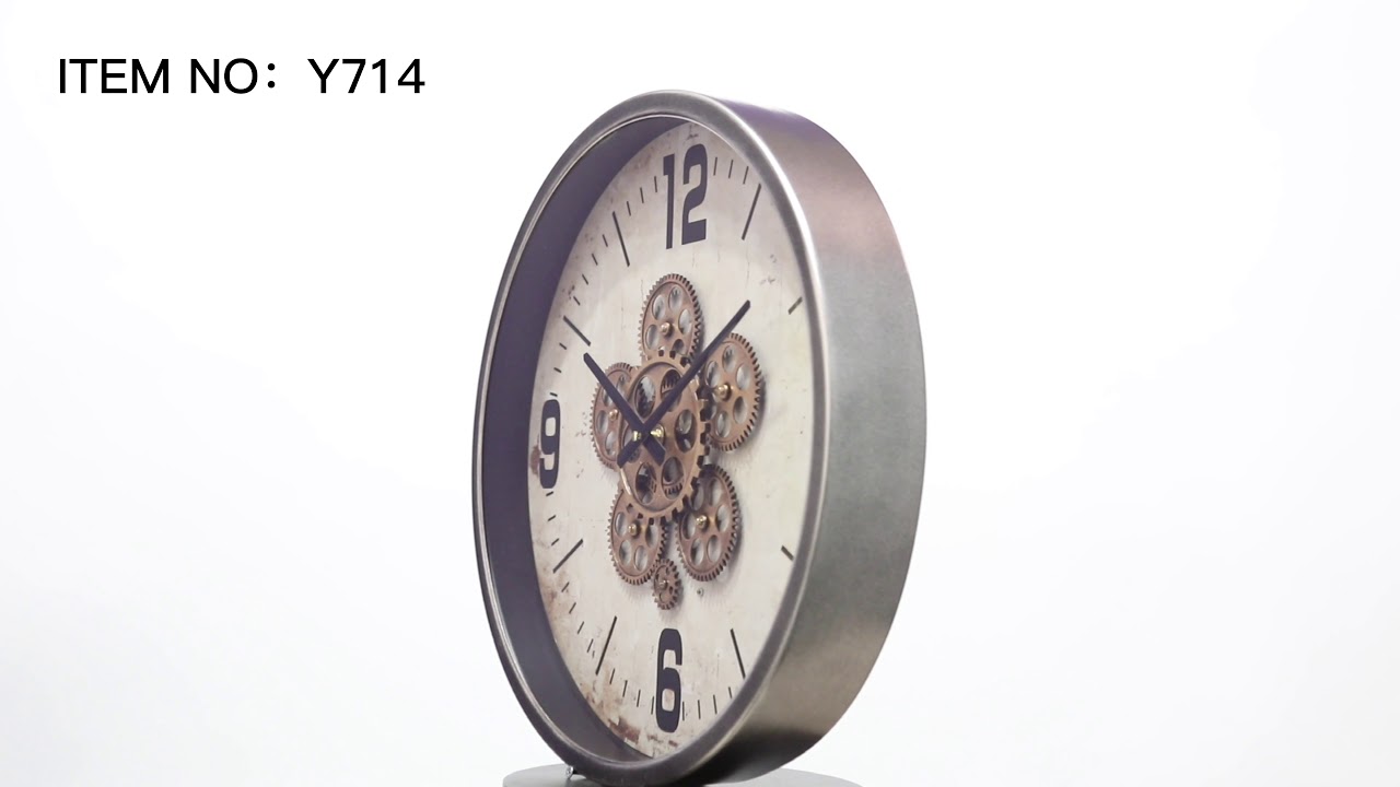 TQ-Y714 : D46cm Harold Modern round exposed movement gear clock - Natural w/silver