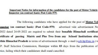 hpssc Motor Vehicle  Inspector (on contract basis) (Post Code-979) latest update | hpssc new update