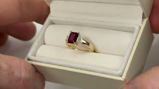 LFV133R: Lab Grown Emerald Cut Ruby & Diamond Ring, 9k Gold