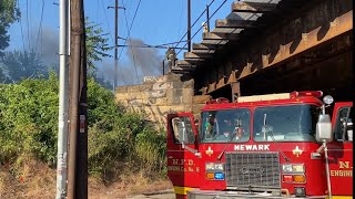 Newark Signal 9 Lumber Rail Car on Train Tracks on Fire on Roanoke Avenue