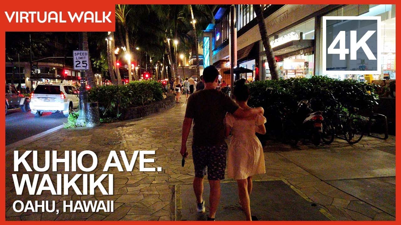 Night Walk at Kuhio Avenue in Waikiki 2022 - 4K Virtual Walking Tour - Honolulu, Oahu, Hawaii