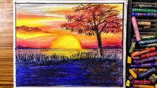 Sunset Scenery painting with pastel color/landscape scenery drawing step by step/ever art