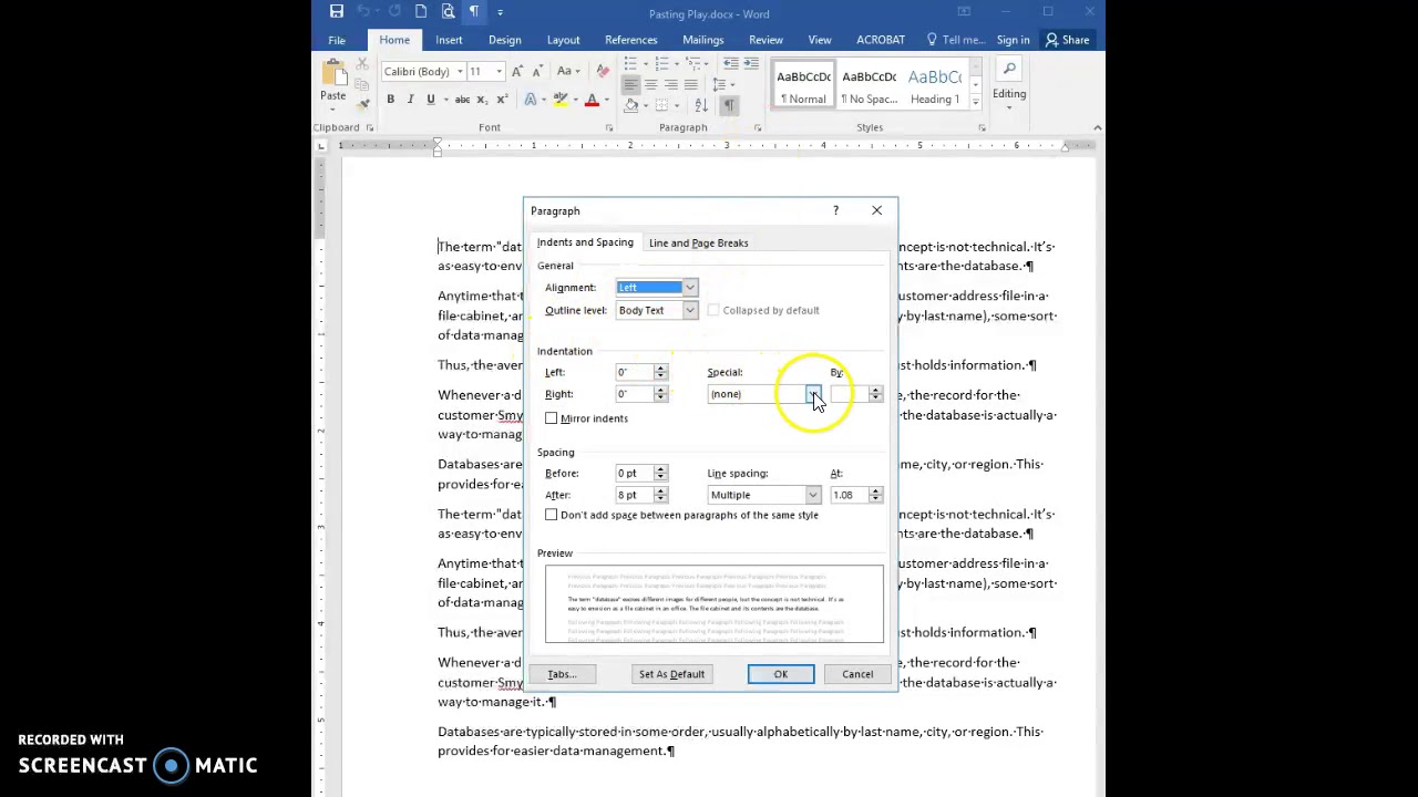 how to add first line indent in word 2016