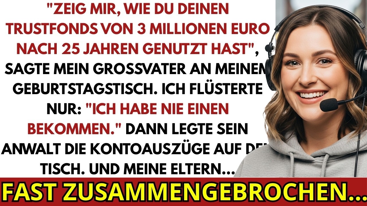 Bei meinem 28. Geburtstag hob mein Großvater sein Glas und fragte mich vor der ganzen Familie, wie ich mein 3-Millionen-Euro-Treuhandvermögen genutzt hätte. Ich flüsterte: „Ich habe nie eines...