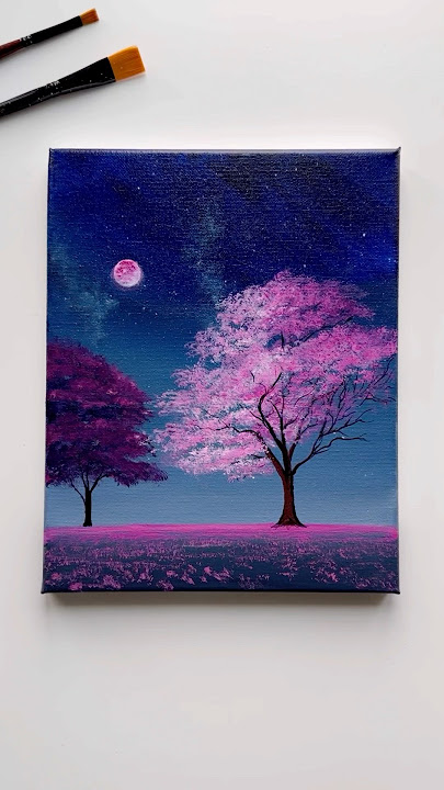 Magenta Dreams Acrylic Nightscape 🌌🌸#artworks #acrylicpainting #trees