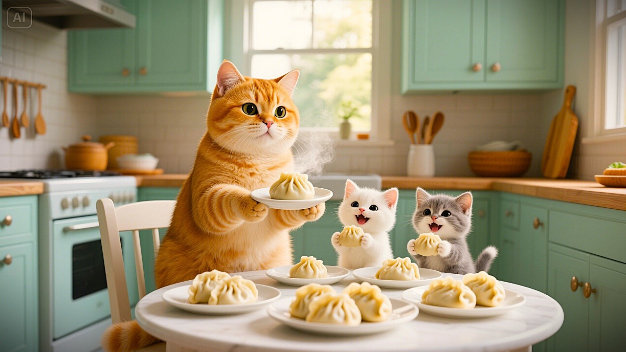 Мама-кошка готовит пельмени 🐾❤️ и кормит своих маленьких котят 🍽️ на уютной кухне