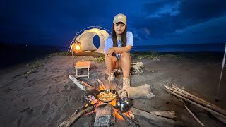 Solo camping: Girl Camping Alone In The Beach, Cooking, Relaxation, Asmr
