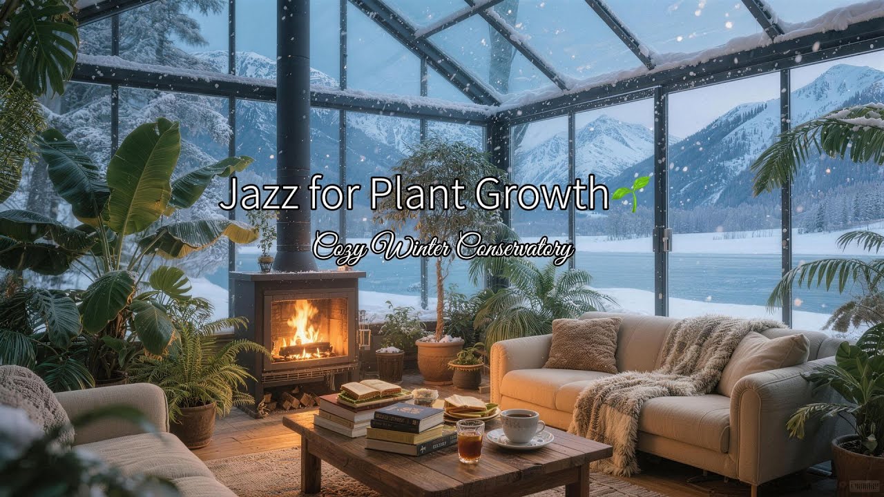 Jazz for Plant Growth 🌿 Cozy Winter Conservatory | Fireplace & Snow