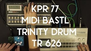 MIDI Bastl converts MIDI Clock from TR 626 to din sync 48 for KPR 77 + Trinity DRUM jam