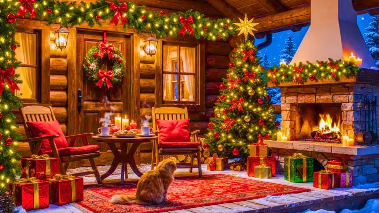 Cozy Christmas Cabin Ambience with Fireplace & Snowy Night | Warm Holiday Jazz Music