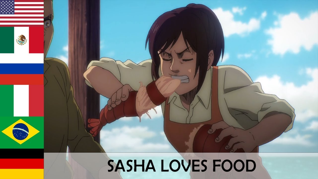 "SASHA LOVES FOOD" in 7 languages Attack On Titan 4 - YouTube