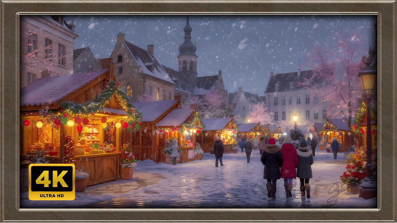 4K Christmas Market Painting | Art Framed Screensaver | Art for Your TV | Ambient Christmas Music