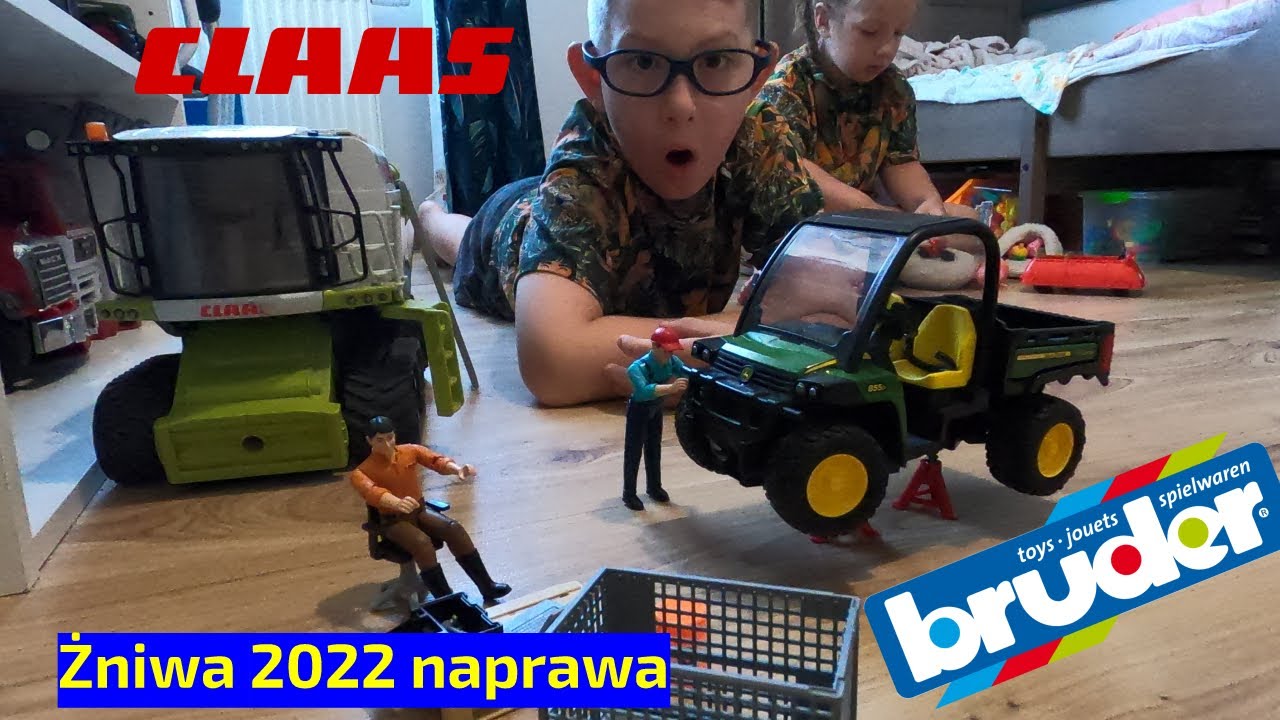 Zabawki Bruder Żniwa 2022 naprawa kombajnów Claas Lexion, John Deere T670i, Linde