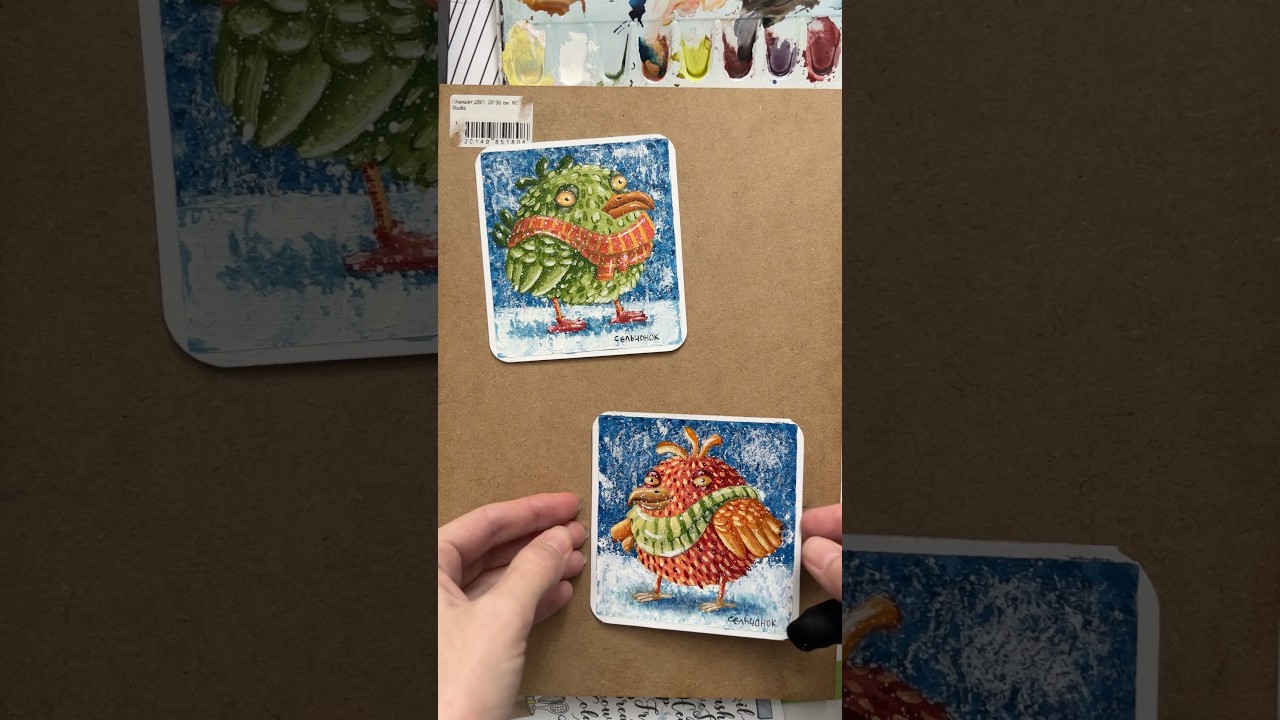 Whimsical Winter Birds – Original Oil Paintings on paper (Set of 2) 