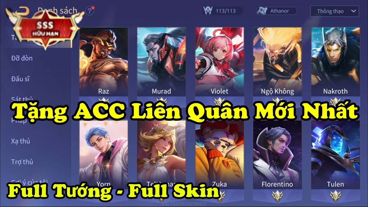 Tặng ACC Liên Quân Vip Mới Nhất – Tặng Nick Nhiều Skin, 113 Tướng Trắng Thông Tin Mùa 24