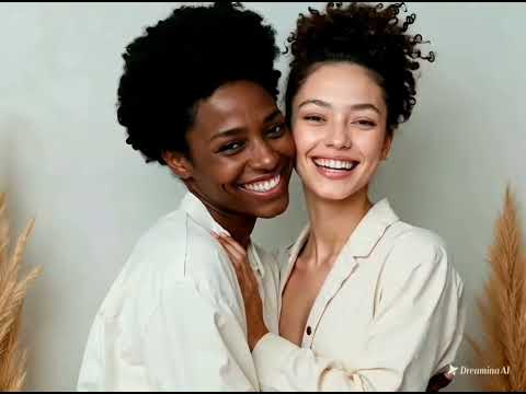 Dreamina AI: Image&Video Maker - Negra e Branca estão sorrindo bem abraçadas