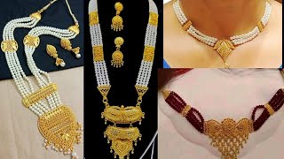 gold Pearl necklace design with weight //Latest long gold necklace with pearls and earring