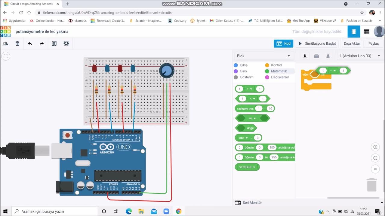 Tinkercad Blok Kodlama - Potansiyometre ile Led Yakma - YouTube