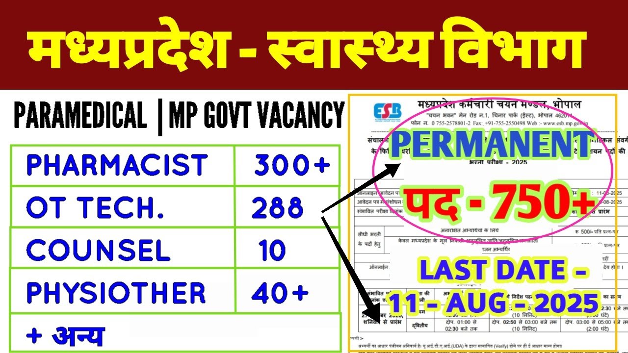 MP PARAMEDICAL RECRUITMENT 2025 | PERMANENT | मध्य प्रदेश स्वास्थ्य विभाग भर्ती | OT TECH PHARMACIST