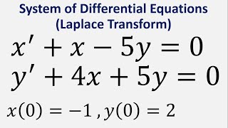 System of Differential Equations (Laplace Transform): x'+x-5y=0 , y'+4x+5y=0 , x(0)=-1 , y(0)=2