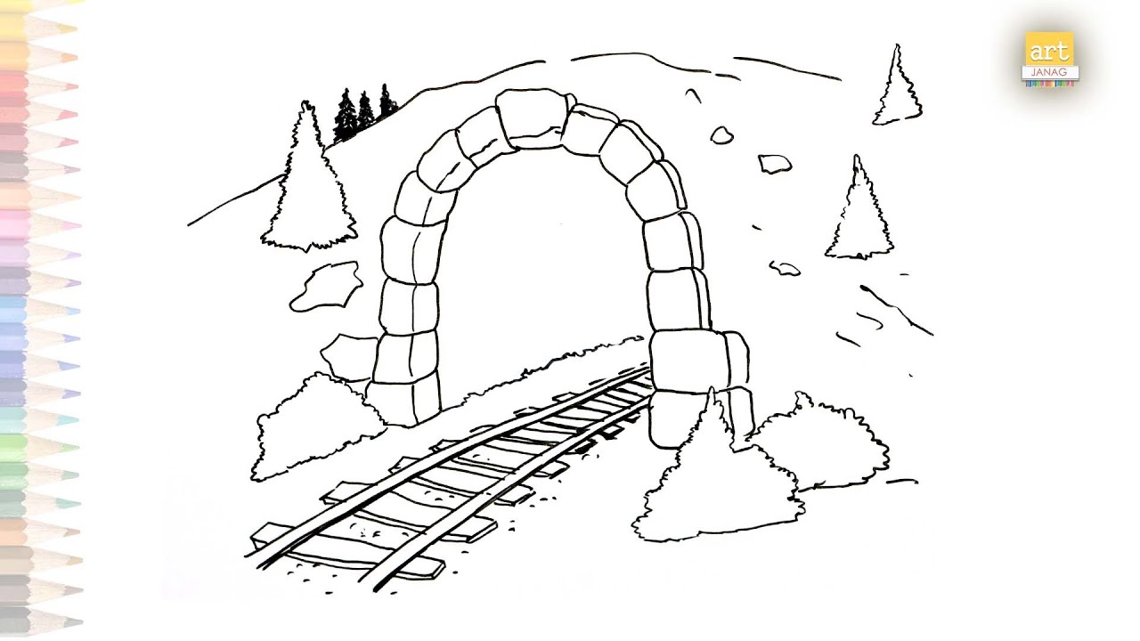 Tunnel railway track outline drawing dibujo de la vía del tren How