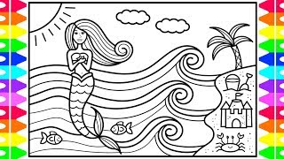 How to Draw a Mermaid and the Beach for Kids 🦀 🐠💦Mermaid Drawing for Kids | Mermaid Coloring Page