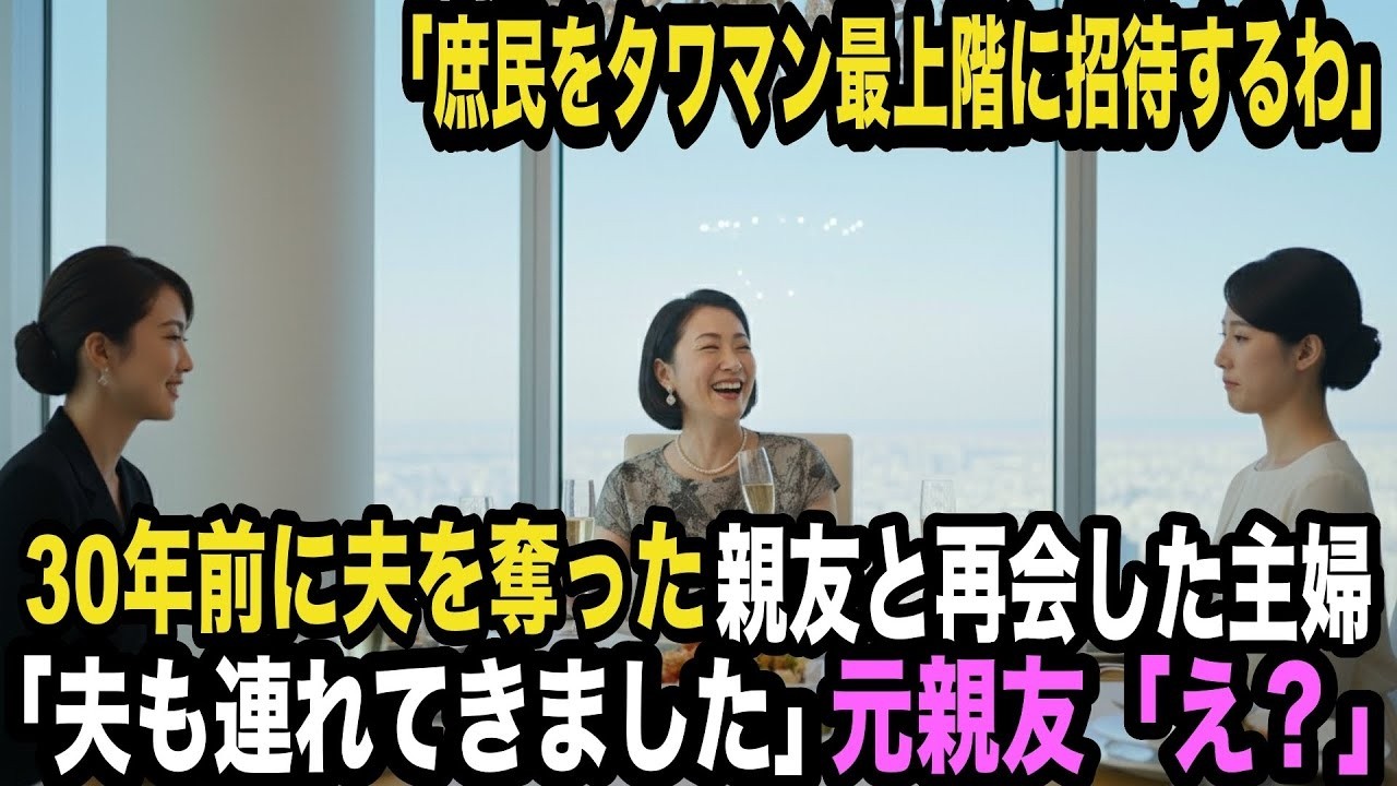 「庶民をタワマン最上階に招待するわ」30年前に夫を奪った親友と再会した主婦。「夫も連れてきました」「え？」夫の正体に2人は青ざめた