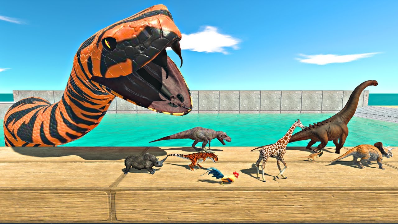 Dinosaurs and Animals Falling Into Tiger Mamba Tank - Animal Revolt Battle Simulator