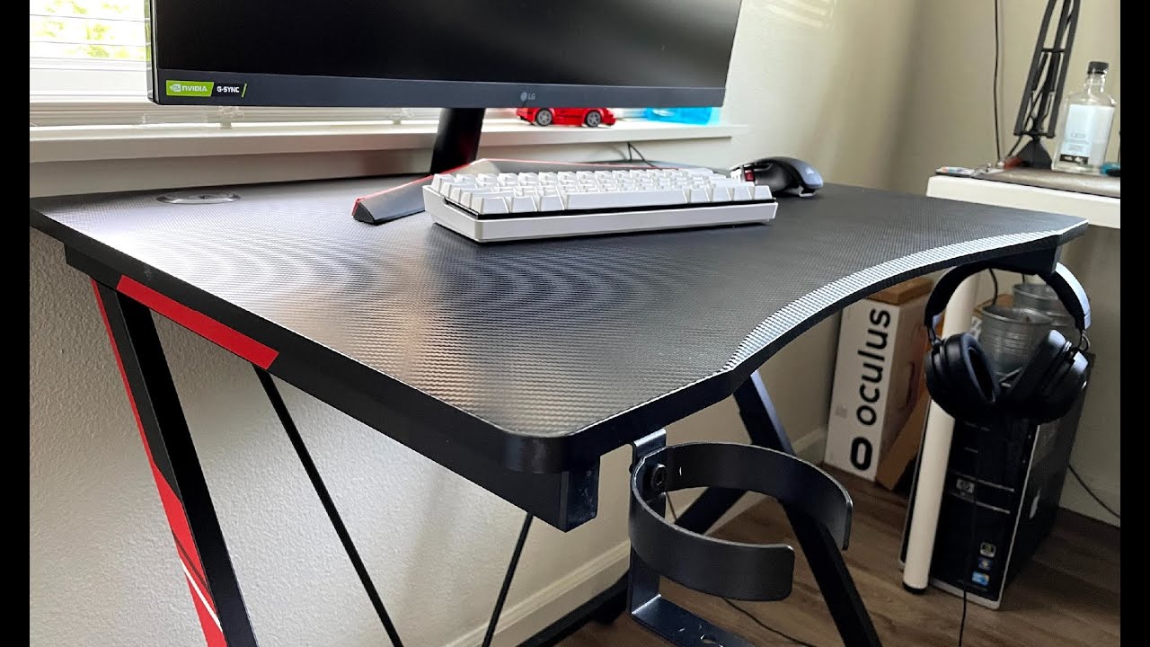 Carbon-Tek Gaming Desk with LED and Wireless Charging, Gray/Red