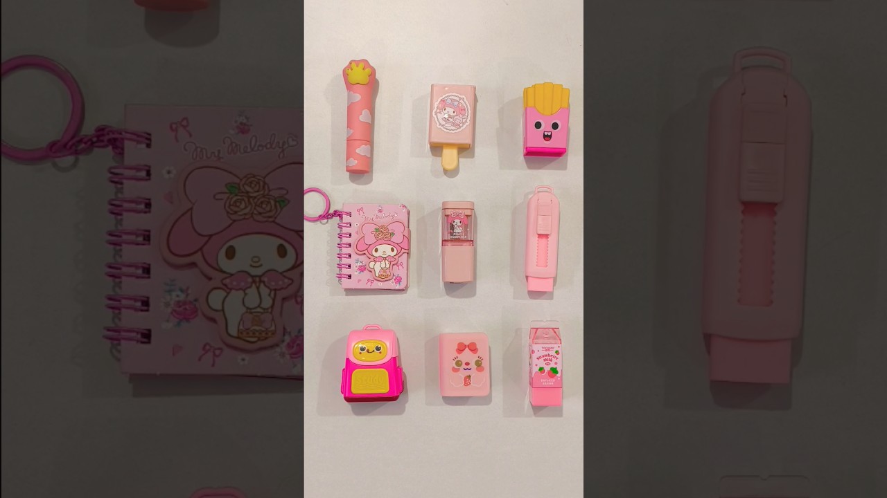 Cute pink stationery collection, sharpener, eraser, diary #stationery #pinkaesthetic #schoolsupplies