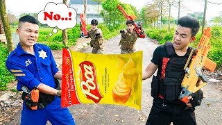 Battle Nerf War: Guard & Blue Police Nerf Guns Robbers Group Brother FRENCH FRIES BATTLE