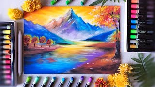 Beautiful hill scenery drawing with brustro oil pastels | drawing and arts uday | oil pastel drawing