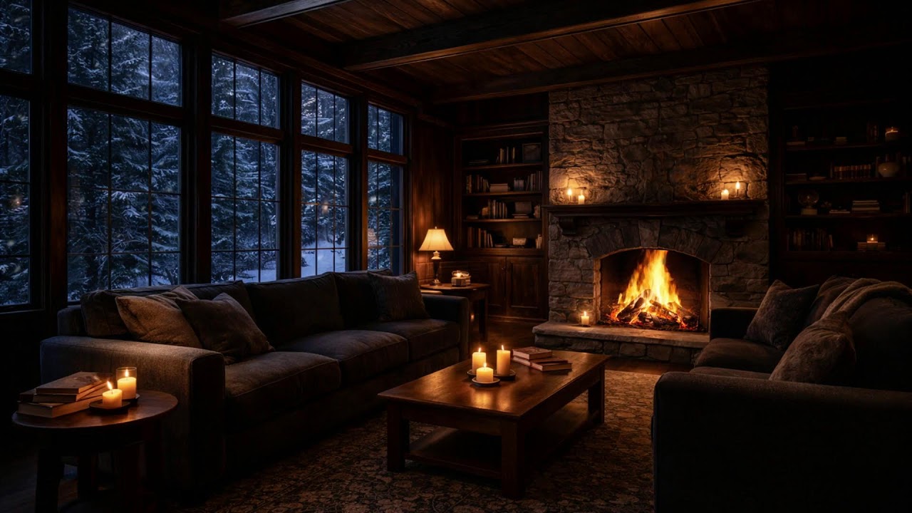 🔥 No Ads — Quiet Winter Lodge Living Room 🔥 Slow Fireplace Burn & Ambient Candlelight